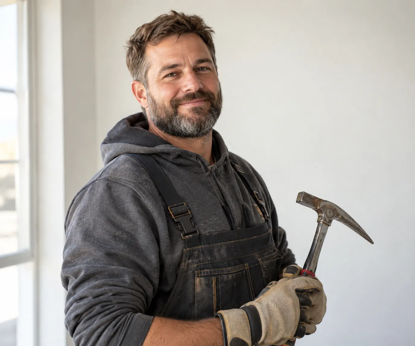 Smiling roofer holding a roofing hammer