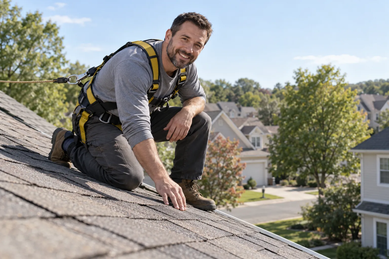 Roofer inspecting shingles on a family home in Gloucester