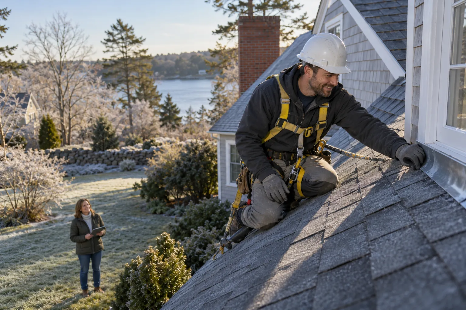 Roofer replacing damaged shingles on a leaking roof
